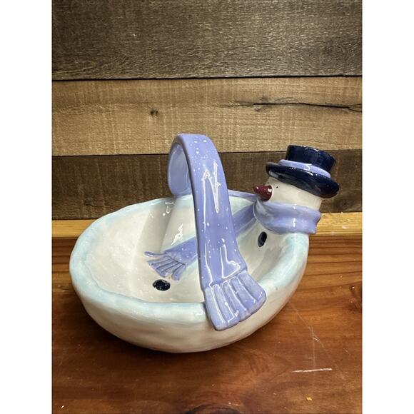 Ceramic Snowman Candy Dish With Blue Scarf Handle - Picture 3 of 6